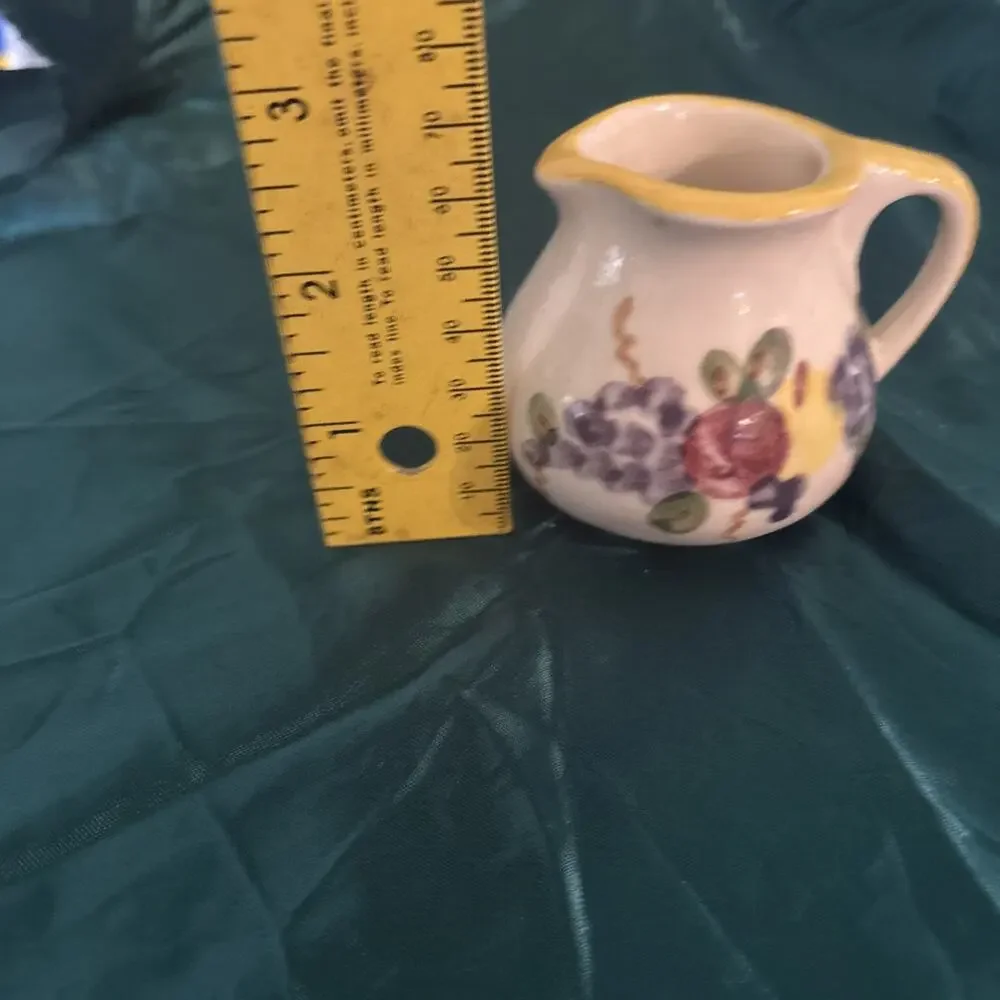 Hand Painted Small Pitcher/Creamer Fruit Motif With Yellow Trim 2 1/2 Inch
